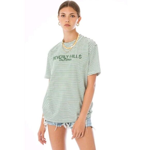 Ellandemm Beverly Hills White Green Striped Short Sleeve Tee Top Embroidered NWT - Picture 3 of 4